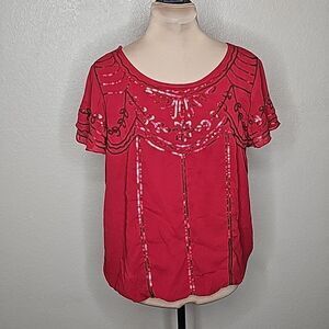MSSP Red Sequin Blouson Flutter Sleeve top Large